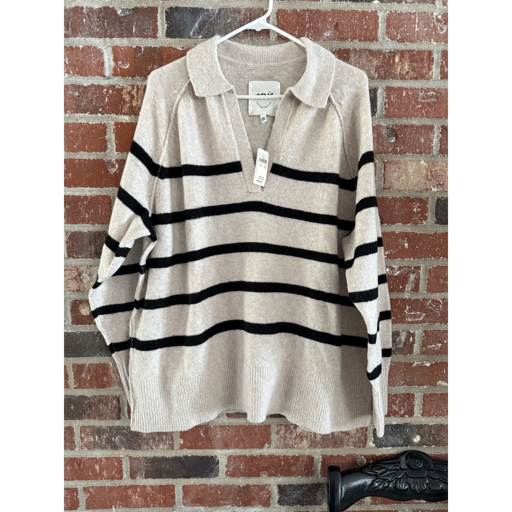 Aerie unREAL Oversized Classic Fit Stripe Pull Over V-Neck Polo‎ Sweater XS
